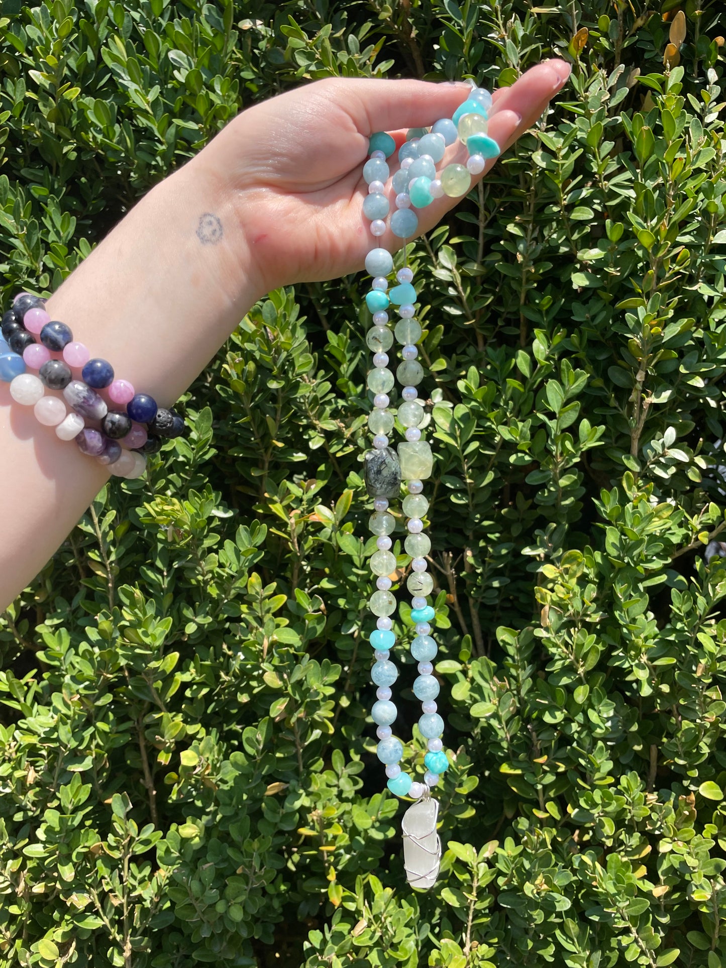 Aquamarine and Prehenite Crystal Vibe Layering Necklace