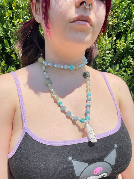 Aquamarine and Prehenite Crystal Vibe Layering Necklace